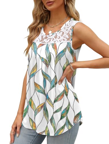 Image of Saloogoe Summer Tank Tops for Women Loose Fit Pleated Tunics Scoop Neck Sleeveless Lace Tops Curved Hem Flowy