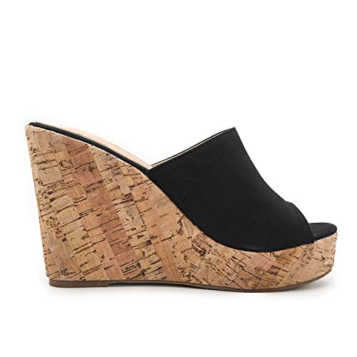 Image of LEHOOR Cork Wedge Mules for Women Platform Slide Sandals Peep Toe, High Wedge 4.5Inch Slippers Microfiber Suede 6-11 M US