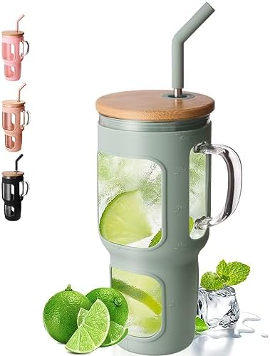 COMOOO 40oz Glass Tumbler with Bamboo Lid and Straw, Olive