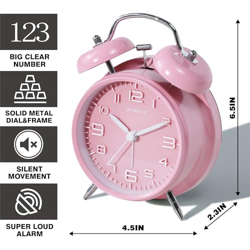 Image of AYRELY Super Loud Alarm Clock for Heavy Sleepers Adults,Twin Bell Retro 4 Inch Silent Non-Ticking Quartz with Backlight, Metal dial, Alarm Clocks for Bedrooms Bedside(3D Dial - Pink)