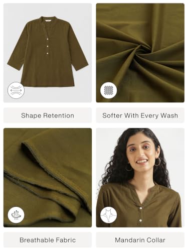 Image of SAADAA Women Short Kurti Airy Linen Regular Fit Kurta with 3 /4th Sleeves, Mandarin Collar, Side Slit Perfect for Casual, Formal, and Ethnic Wear