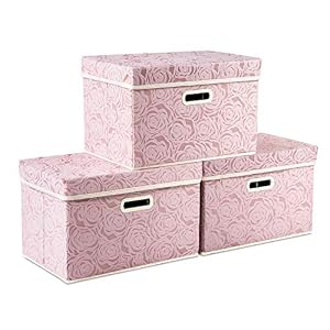 PRANDOM Collapsible Storage Boxes with Lids Fabric Decorative Storage Bins Cubes Organizer Containers Baskets with Cover Handles Divider for Bedroom Closet Living Room 14.9×9.8×9.8 Inch 3 Pack