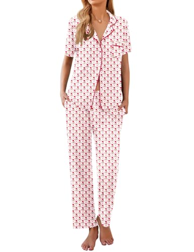 Image of Ekouaer Womens Pajamas Set Short Sleeve Button Down Top & Pants Lounge Pjs | Soft Sleepwear with long pants, ideal for Home relaxation, Wedding, Party, Daily Wear & Breastfeeding