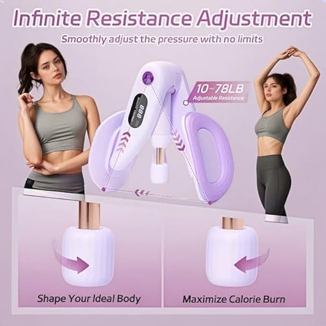 Thigh Master Upgraded, Purple Inner Thigh Exerciser with LED Display, 0-70lb Adjustable Inner Thigh Exerciser, Pelvic Floor Muscle Trainer, 360¡ãHip Trainer for Women Postpartum Recovery (Purple)