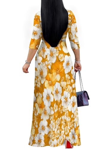 Image of Plus Size Dresses for Women Floral Print Maxi Dress Flowy 3 /4 Sleeve with Belt