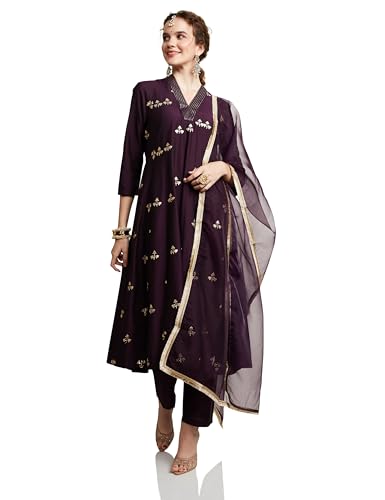 Image of Amazon Brand - Myx Women's Embroidered Kalidar Kurta Pant Set with Organza Dupatta (Available in Plus Sizes)