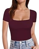 MANGOPOP Womens Short Sleeve Square Neck T Shirts Tops Fitted Tees(Burgundy, Medium)