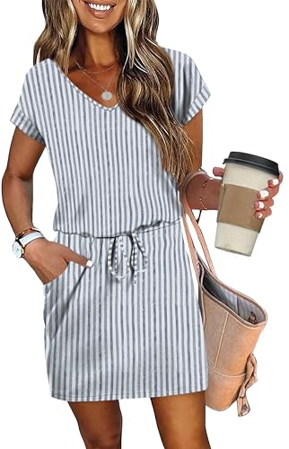 Image of OFEEFAN Summer Dresses for Women 2026 V Neck T Shirt Casual Mini Dresses Tie Waist Sundresses with Pockets