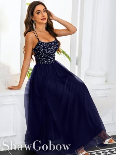 Image of ShawGobow Tulle Prom Dress with Slit,Sequin Backless Long Flowy Dresses for Women,Sexy Sparkly Outfits Homecoming Wedding