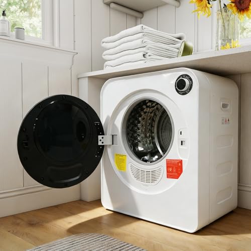 PUGSDRLY Sèche-linge performant 4kg, PTC céramique et tambour inox, Machine à sécher le linge à 4 programmes dont refroidissement, montage mural/pile compact tumble dryer (White)