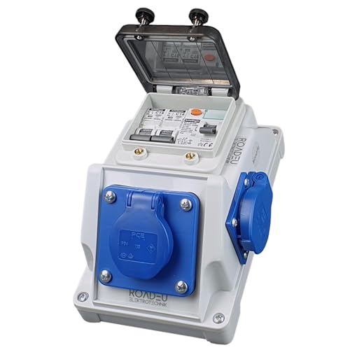 RoadEu - Stromverteiler 230V - 2x Schuko Steckdose - Steckdosenverteiler mit Fi Schutzschalter und Leistungsschalter C16A - Baustromverteiler IP44