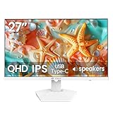 CRUA 27' White Monitor, 2K QHD(2560x1440P) IPS Panel, 120Hz Computer Monitor, Supports AMD Freesync, 120% sRGB, USB Type-C, Built-in Speakers, Wall Mountable(HDMI 2.0/DP 1.4), Best for Work and Gaming