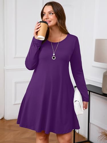Image of AusLook Women's Plus Midi Dress Long Sleeve Crew Neck A-Line Swing Flowy Vacation Fall Wedding Guest Dresses with Pocket 1-5X
