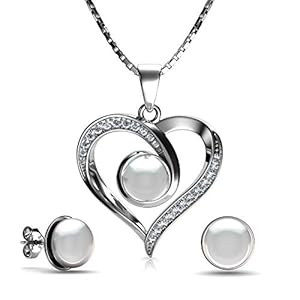 DEPHINI – Pearl Necklace Set with Earrings 925 Sterling Silver – Fine Jewellery set for women – 18″ Premium Rhodium Plated – Gifts for Women
