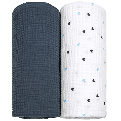 Image of lulumoon Muslin Swaddle Blanket Baby Receiving Blankets Neutral, 2 Pack, Dark Blue