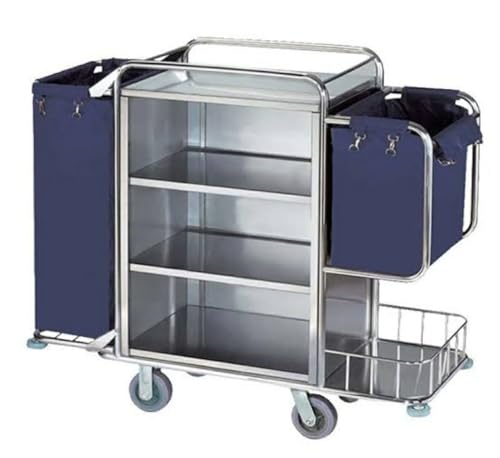 Image of Shoppers Hub PNQ SS Housekeeping Trolley with Double Sided Removable 1 Half + 1 Full Washable Bags with Clips & 3 Compartments for Heavy Duty Use in Hotels & Resorts.(Size:140cmL*45cmB*120cmH)