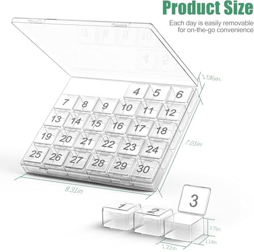 Image of Monthly Pill Organizer - 30 Day Pill Box - Easy to Open - Large Compartments - Portable Case for Travel, Medicine Organizer for Vitamins (White)