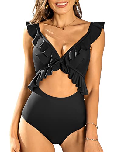 SOCIALA Womens Ruffle One Piece Swimsuit Cutout Strappy Monokinis Swimwear Bathing Suits Medium Black