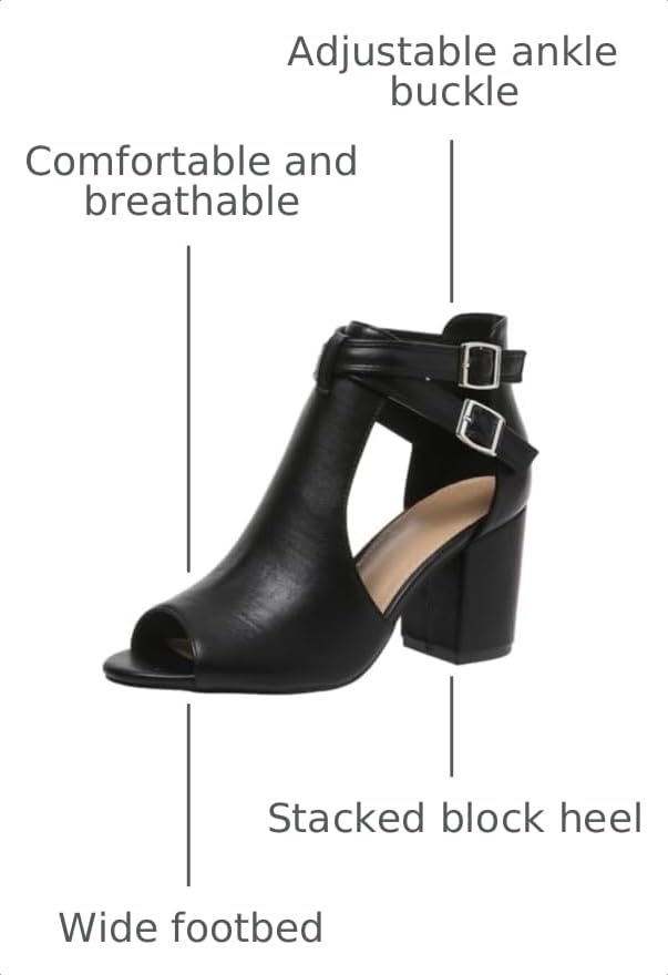 Image of Women's Peep Toe Sandals Side Cutout Chunky high Heel Adjustable Buckle | Summer booties, dressy, breathable, stacked, wide footbed, non-slip, ankle strap, all-day comfort, for parties, casual, work