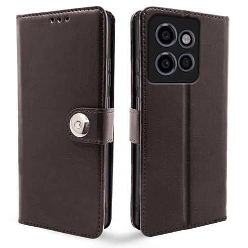 Image of Pikkme Flip Cover Leather Finish | Inside TPU with Card Pockets | Wallet Stand and Shock Proof | Complete Protection Button Flip Case for Moto Edge 50 Neo 5G (Coffee)
