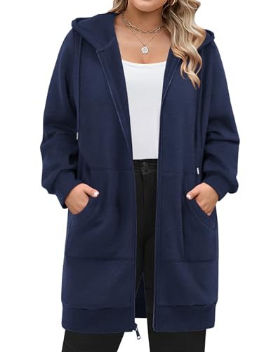 IN'VOLAND Plus Size Hoodie for Women Long Zip Up Hoodie Lightweight Tunic Sweatshirt Open Front Cardigan Jacket with Pockets Navy Blue