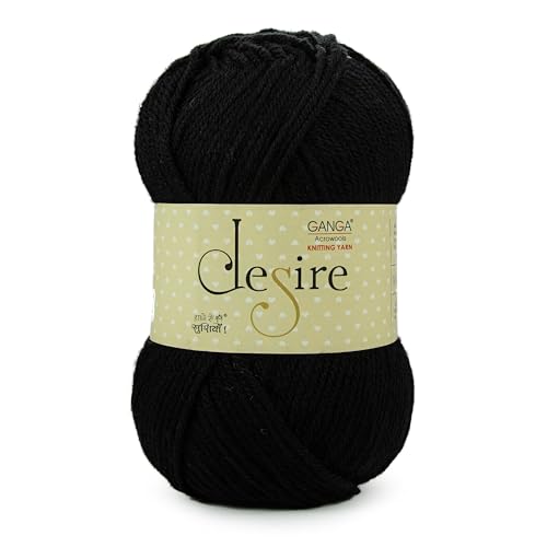 Image of Ganga Acrowools Acrylic Desire Hand Knitting and Crochet Yarn. Pack of 1 Ball - 100Gms. Shade No - DSR003, Black