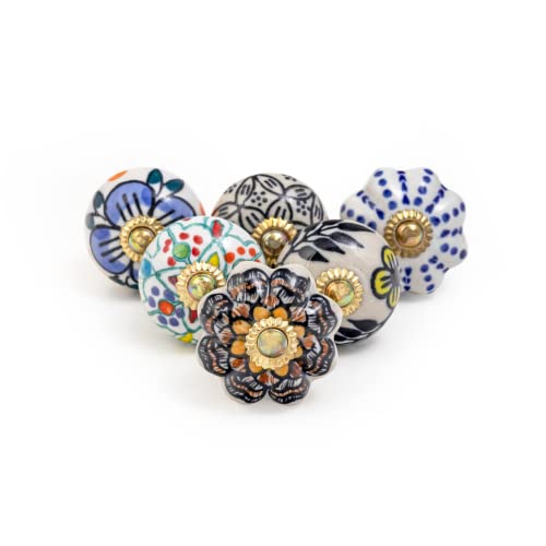 Bouton meuble Bouton de tiroir Poignee de porte en céramique, paquet de 6 Poignees de porte à motifs floraux Vintage Inde a la main Assorted, pour portes, tiroirs, armoires et porte a battants
