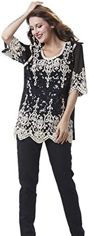 SIMPLY COUTURE Women's Plus Size Tops Summer Elbow Sleeve Scoop Neck Sheer Crochet Accent Soutache Sequin Tunic-Black-2X