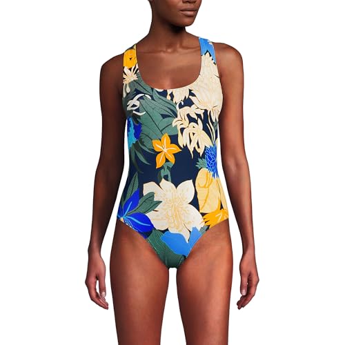 Lands' End Women's Chlorine Resistant Scoop Neck X-Back High Leg Soft Cup Tugless Sporty One Piece Swimsuit 4 Navy Multi Floral Blooms