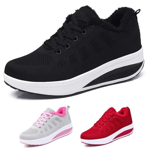 Galonfulty Women's Knitted mesh Winter Warm Fleece Sneakers with Arch Support Comfortable Heightening Chunky Casual Orthopedic Walking Shoes Outdoor Non-Slip Lightweight Running Shoes (Black,6)