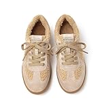 BEAU TODAY Fur Lined Sneaker Boots for Women,Winter Shoes for Women,Slip-on Platform Leather Retro OG Sneakers,Comfortable Tennis Runnig Trainer Shoes Apricot US 7.5