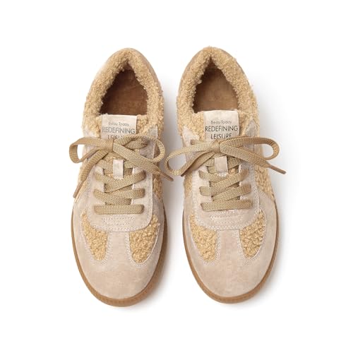 BEAU TODAY Fur Lined Sneaker Boots for Women,Winter Shoes for Women,Slip-on Platform Leather Retro OG Sneakers,Comfortable Tennis Runnig Trainer Shoes Apricot US 7.5