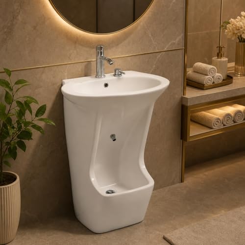 Image of Well Set Luxury Ceramic One Piece Pedestal Wash Basin | Premium Stand Wash Basin Square for Home Office Hotel | Ceramic White
