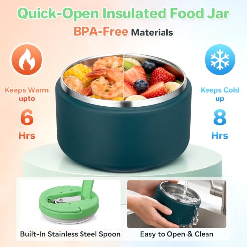 Image of Bento Lunch Box with 8oz Soup Thermo,Kids Leakproof 4 Compartment Lunch Food Containers with Sauce Cup and Ice Pack,Kids Thermo Insulated Hot Food Jar and Lunch Bag for School,Trvael-Green