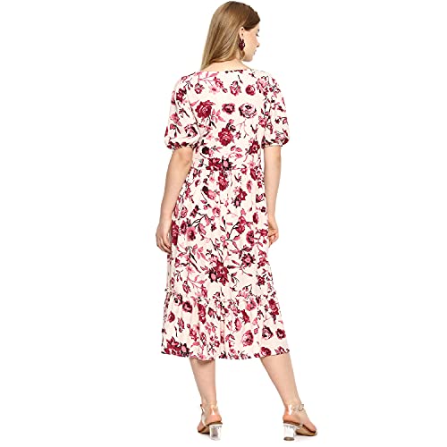 Image of PINACOLADA Women's Floral Print Dress with Ruffle Detail for Casual Wear | Short Sleeve | Crepe Midi Length Dress Crafted with Comfort Fit and for Everyday Wear