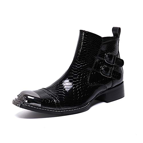 Ankle Boot For Men High Top Boot Slip On StyleGenuine Leather Patent Leather Monk Strap Zipper Captoe Middle Block Heel