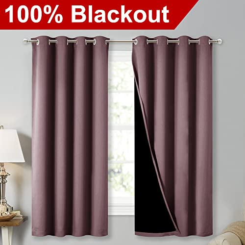 Image of NICETOWN Extra Long Truly Blackout Drapes for Hall and Villa, 46-inch Width Each Panel, 45-inch Length, Dry Rose, 2 Pieces, 100% Blackout Window Curtain Panels with Black Lined for Night Shift Worker