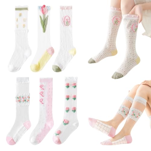 Toddler Girl Lace Knee-High Socks, Princess Mary Jane Dress Socks, Mesh Tube Uniform Stockings, Set of 6 Pairs