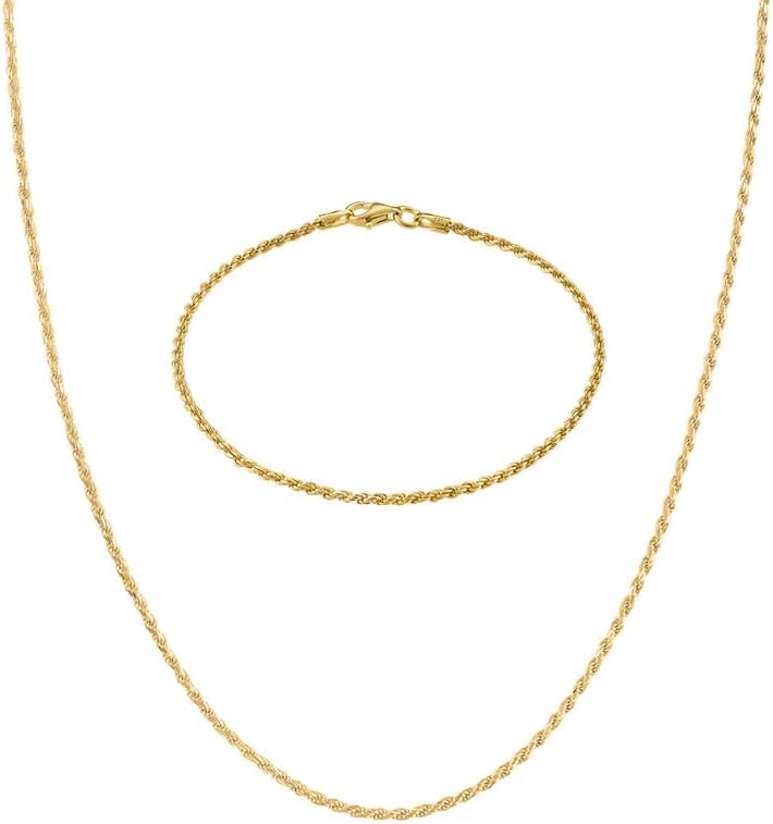 KISPER Solid 18K Gold Over 925 Sterling Silver Italian Diamond-Cut 1.5mm Necklace (18") & Bracelet (7") Bundle - Twisted Braided Rope Chain - Good for Men & Women - with Lobster Clasp - Made in Italy