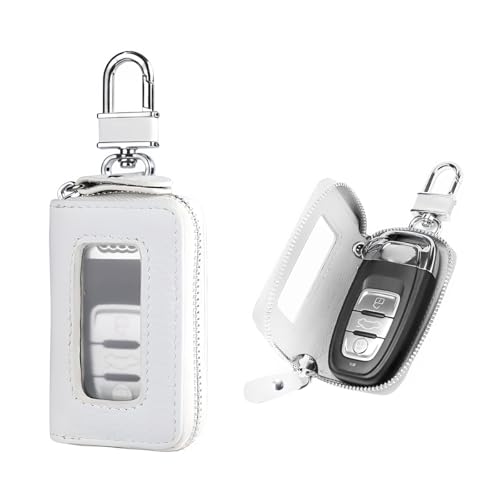Gasedin Car Key Fob Case, Smart Cover With Metal Hook & Transparent Window, Remote Holder Keyring Zipper Bag (White)