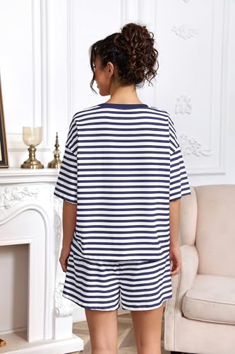 Image of Ythomm Striped Pajamas Shorts Sets Women 2 Piece Lounge Outfits Short Sleeve Tees Drawstring Shorts Summer Matching Pj Sets