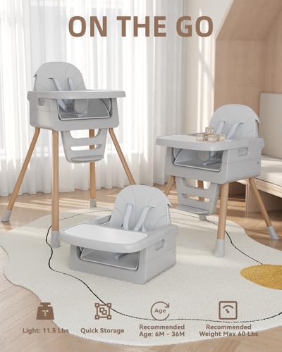 Image of Baby High Chair for 6 Months+, Foldable High Chairs for Babies and Toddlers, Convertible High Chair, Adjustable Tray & Footrest, Portable High Chair & Easy to Clean(Grey with Wood Grain)