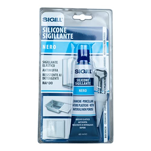 SIGILL, Silicone Sigillante con Chiavetta Stringi Tubetto e Beccuccio Dosatore, Resistente alle Muffe e ai Detergenti, Rapido, Elastico e Forte, Colore Nero, Tubetto da 60 ml