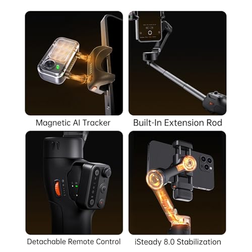 Image of Hohem iSteady V3 Gimbal Stabilizer, Magnetic AI Tracking, Removable Remote, 3-Axis Smartphone Gimbal with Built-in Telescopic Rod and Tripod, Perfect for Content Creators (White)