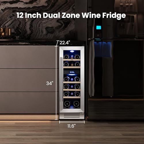 Image of Yeego 12 Inch Wine Fridge, 17 Bottle Dual Zone Wine Cooler with Glass Door