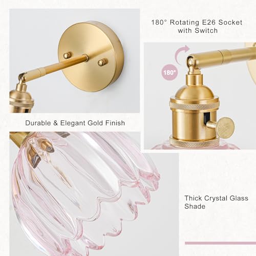 Image of Hardwired Wall Sconce Light, Vintage Wall Sconce with Switch, Gold Wall Light Fixture with Tulip Pink Glass Lampshade, Indoor Wall Light for Bedroom Bathroom, Bedside Wall Lamp
