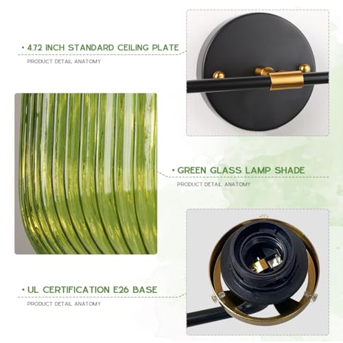 Image of 2-Lights Globe Wall Sconce Bathroom Light fixtures Vanity Lamp Mid Century Modern Wall Lights with Green Striped Glass Shade Vintage Vanity Lights for Over Mirror Hallway Overhead