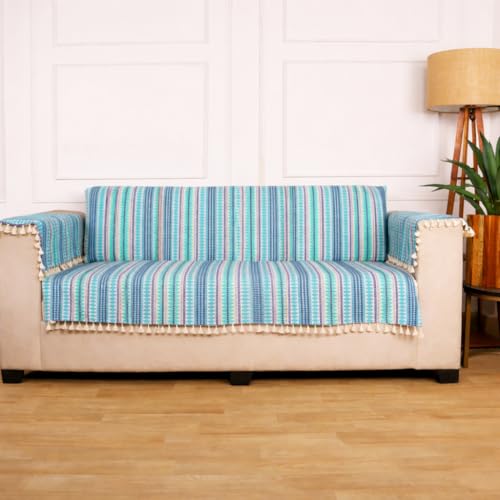 Image of STITCHNEST Woven 1 Seater Sofa Protector with 2 Hand Rest Covers - Blue & White Stripe Design - Washable Fabric with Tassels - Stylish Sofa Cover for Modern Living Room & Furniture Decor