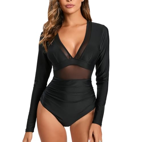 NESY Women's Long Sleeve Rash Guard Swimsuits One Piece Bathing Suit UV Protection Surfing Suit Zipper Printed Swimwear