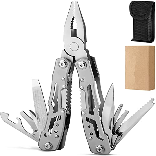 15 in 1 Multi Tools Pliers with Nylon Sheath, Handmade Multitool Pocket Multi-Function Pliers with Rope Cutter, Can Opener, Screwdriver for Outdoor, Camping, and Hiking